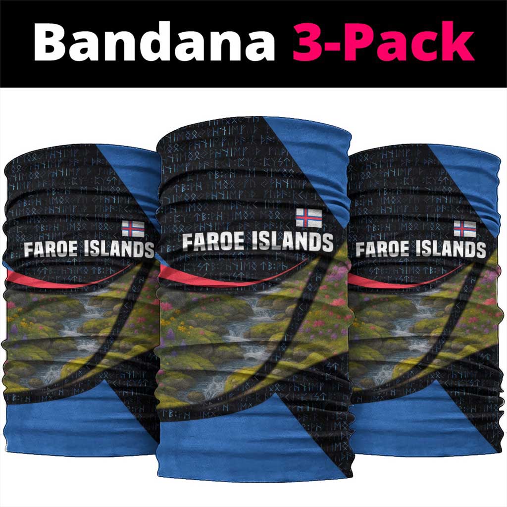 Faroe Islands Neck Gaiter with Waterfall Nature Scene and Rune Pattern Design TS04