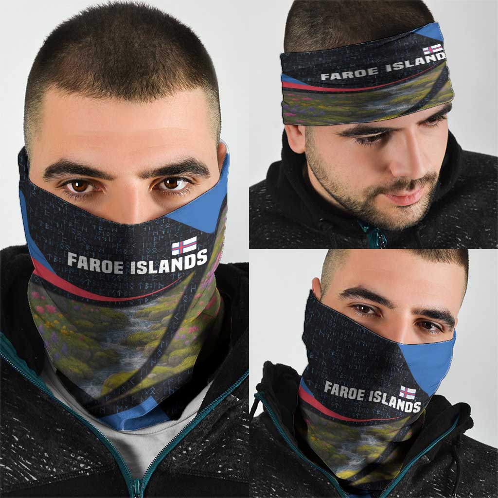 Faroe Islands Neck Gaiter with Waterfall Nature Scene and Rune Pattern Design TS04