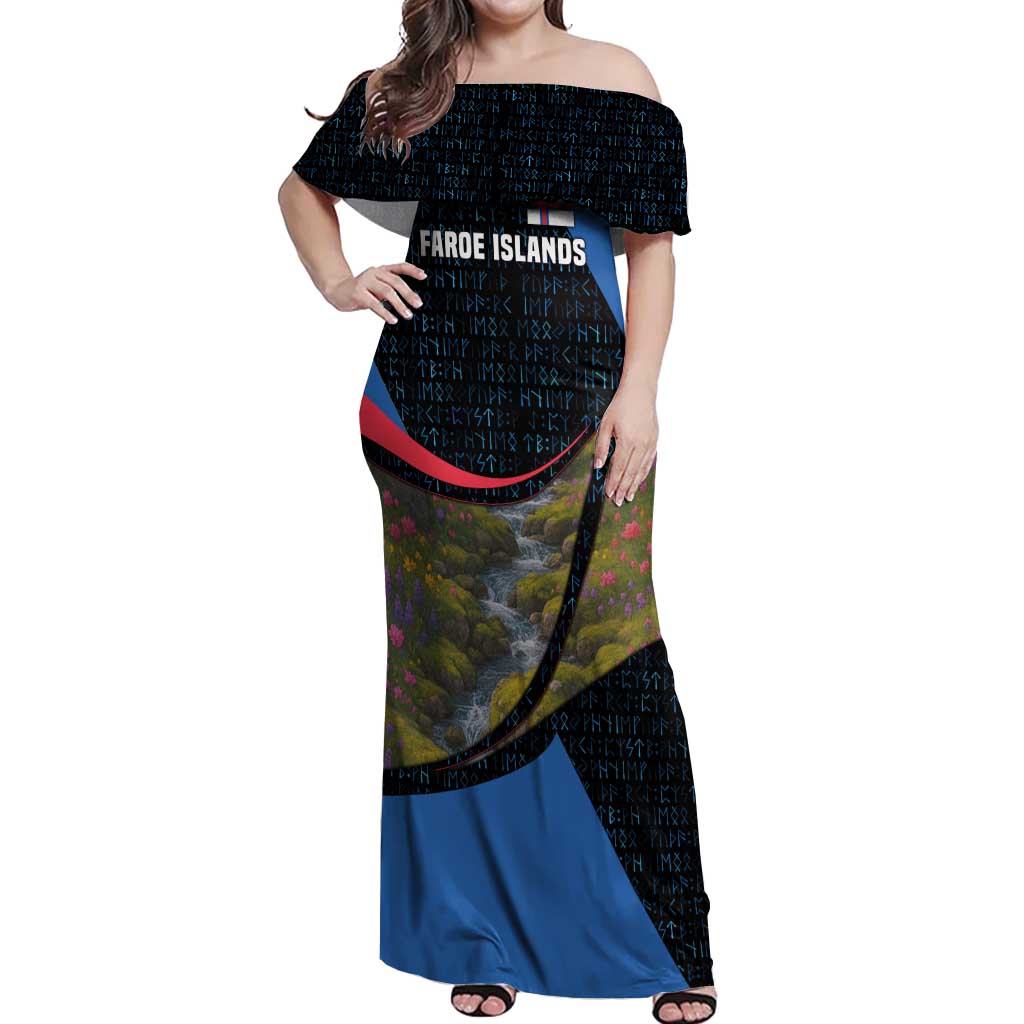 Faroe Islands Off Shoulder Maxi Dress with Waterfall Nature Scene and Rune Pattern Design - Wonder Print Shop