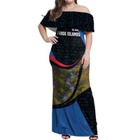 Faroe Islands Off Shoulder Maxi Dress with Waterfall Nature Scene and Rune Pattern Design - Wonder Print Shop