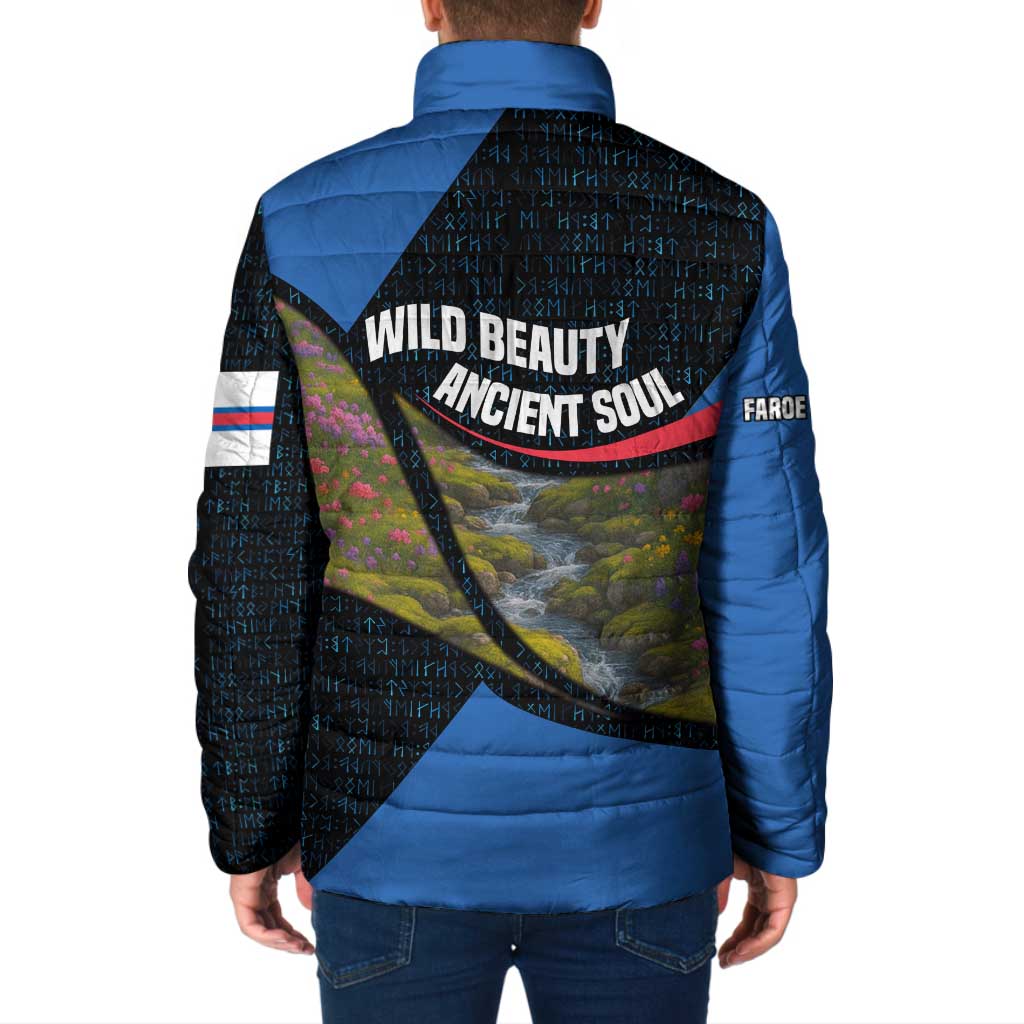 Faroe Islands Padded Jacket with Waterfall Nature Scene and Rune Pattern Design - Wonder Print Shop