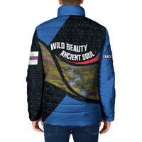 Faroe Islands Padded Jacket with Waterfall Nature Scene and Rune Pattern Design - Wonder Print Shop