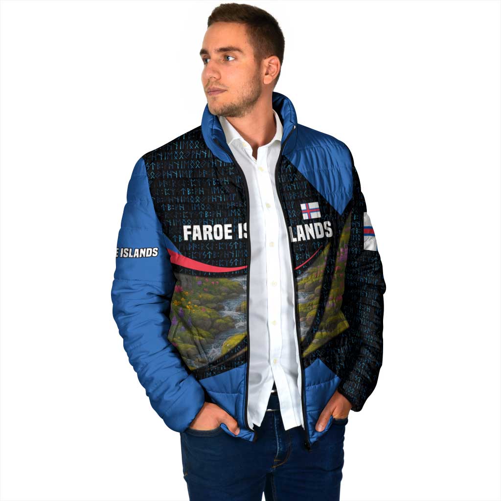 Faroe Islands Padded Jacket with Waterfall Nature Scene and Rune Pattern Design - Wonder Print Shop