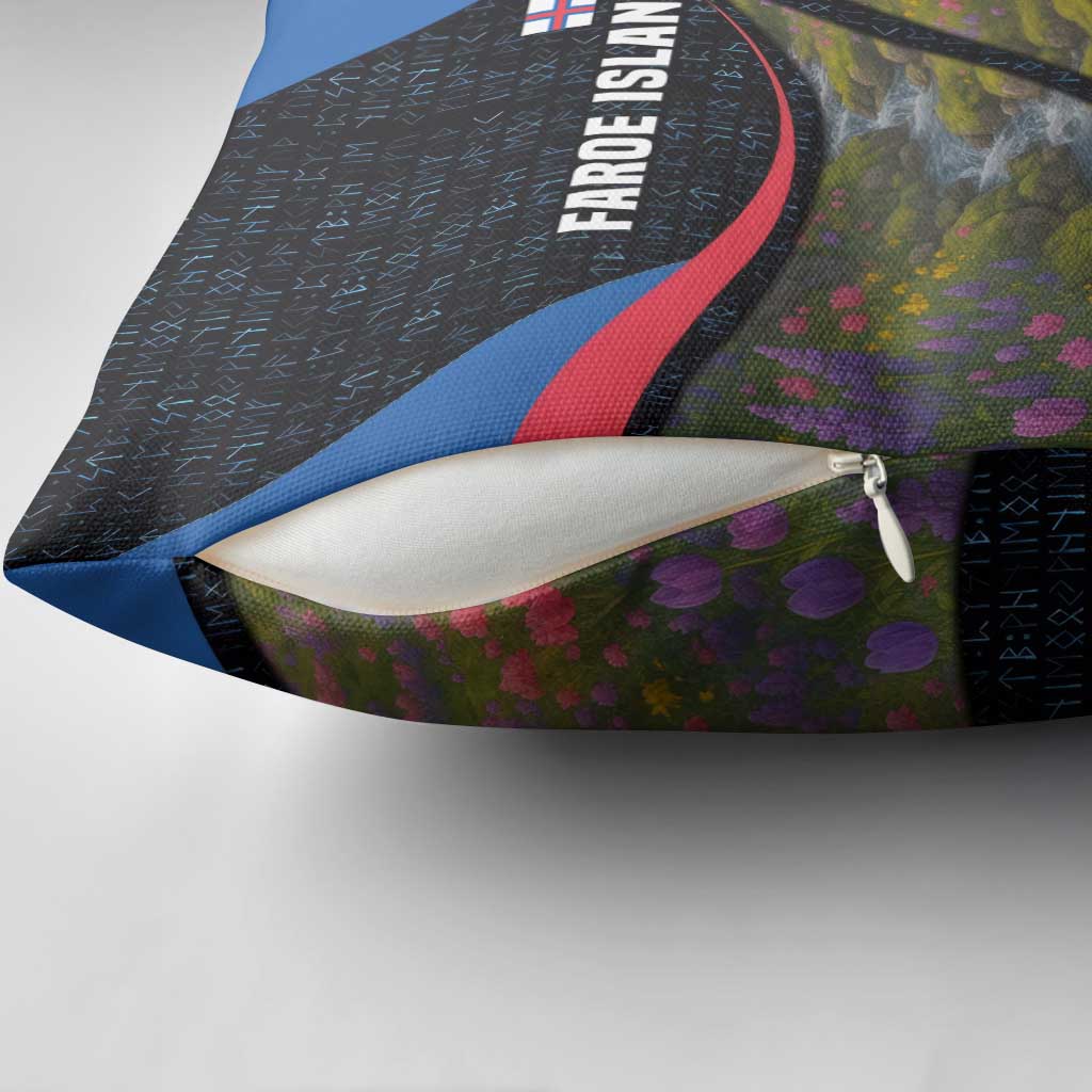 Faroe Islands Pillow Cover with Waterfall Nature Scene and Rune Pattern Design - Wonder Print Shop