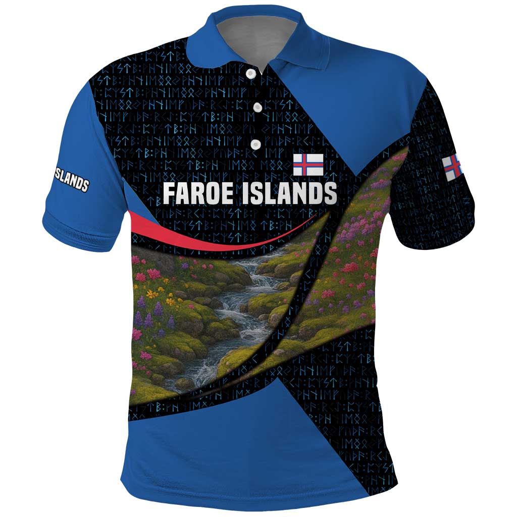 Faroe Islands Polo Shirt with Waterfall Nature Scene and Rune Pattern Design - Wonder Print Shop
