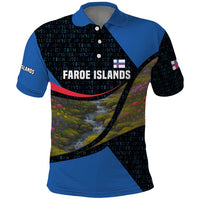 Faroe Islands Polo Shirt with Waterfall Nature Scene and Rune Pattern Design - Wonder Print Shop