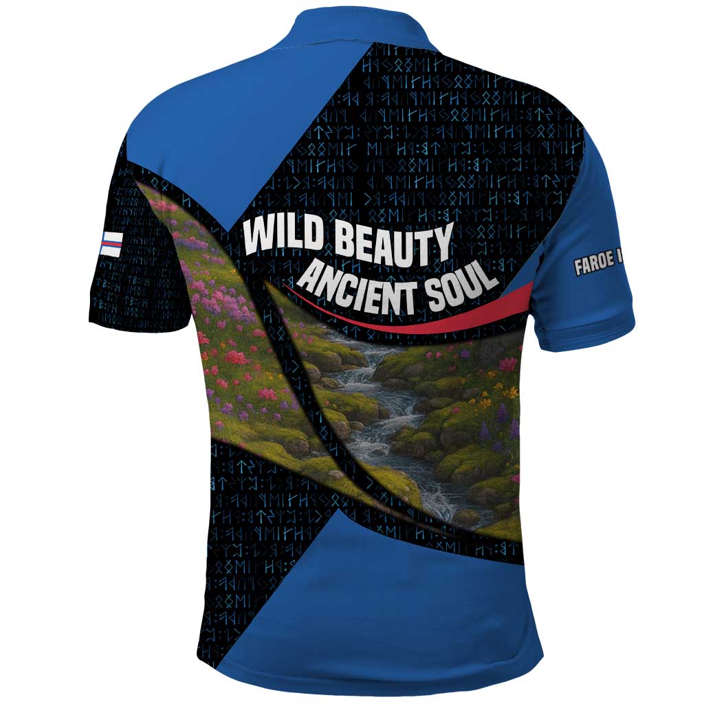 Faroe Islands Polo Shirt with Waterfall Nature Scene and Rune Pattern Design - Wonder Print Shop