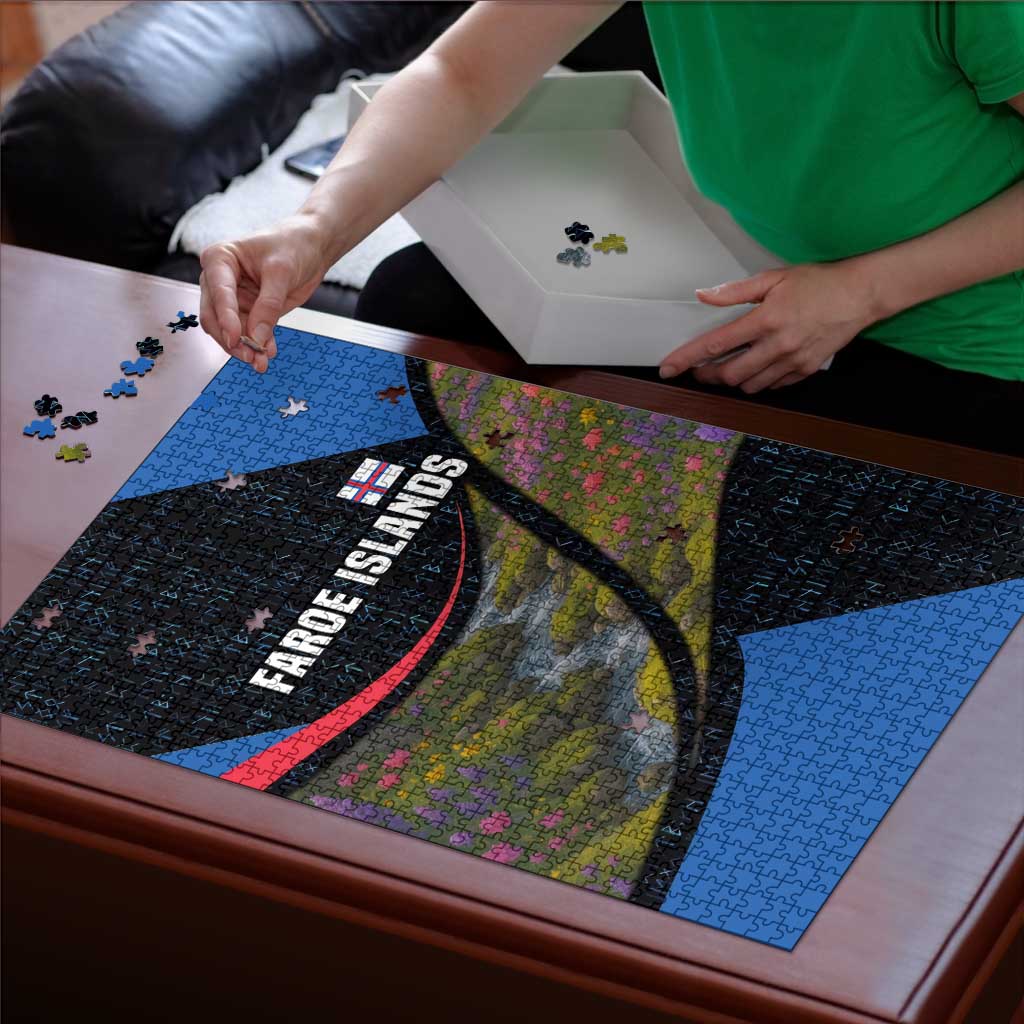 Faroe Islands Puzzle with Waterfall Nature Scene and Rune Pattern Design - Wonder Print Shop