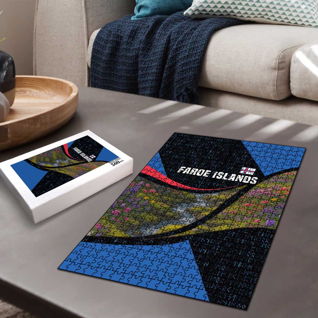 Faroe Islands Puzzle with Waterfall Nature Scene and Rune Pattern Design - Wonder Print Shop