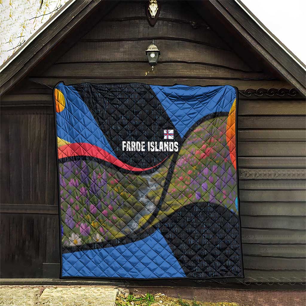 Faroe Islands Quilt with Waterfall Nature Scene and Rune Pattern Design - Wonder Print Shop