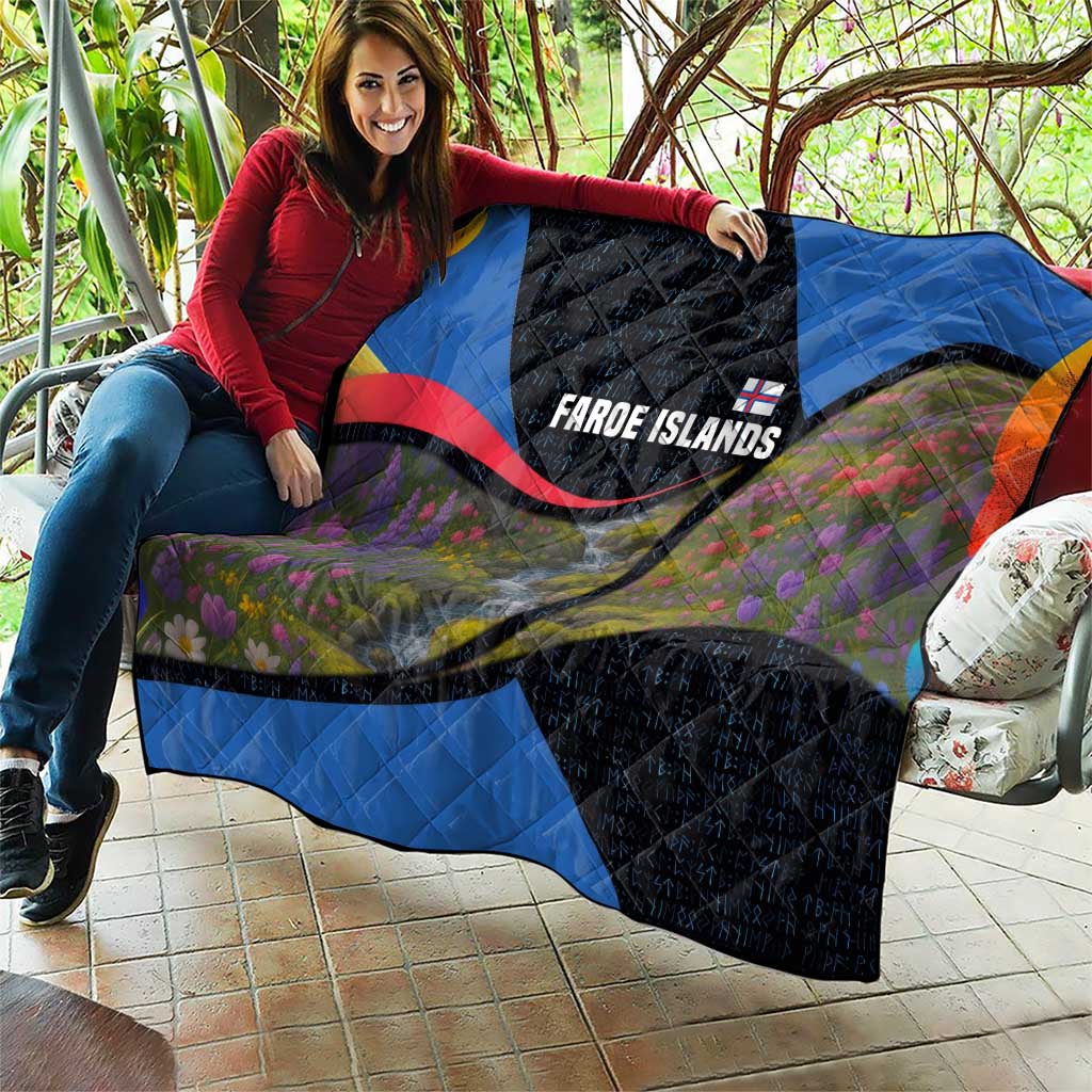 Faroe Islands Quilt with Waterfall Nature Scene and Rune Pattern Design - Wonder Print Shop
