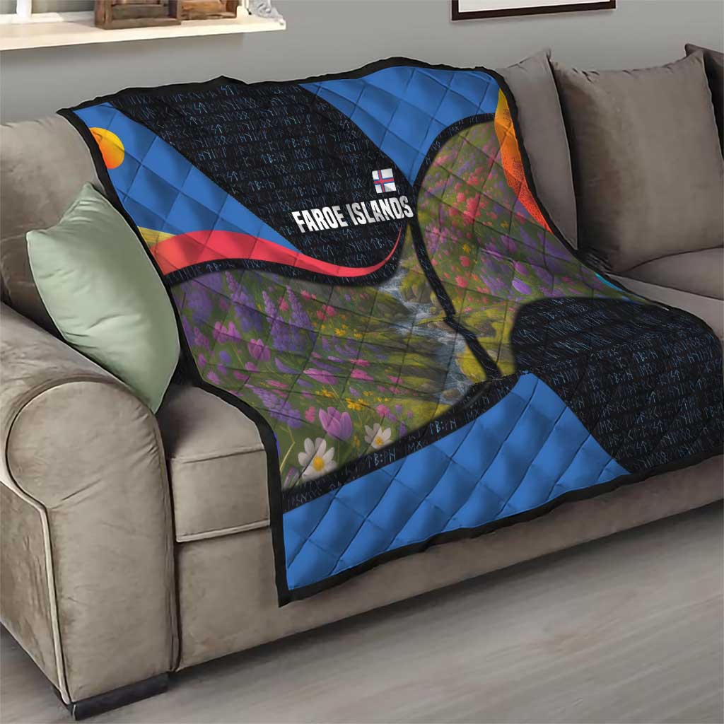 Faroe Islands Quilt with Waterfall Nature Scene and Rune Pattern Design - Wonder Print Shop