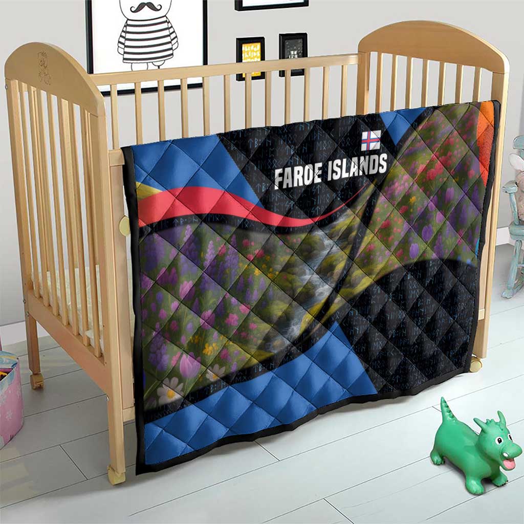 Faroe Islands Quilt with Waterfall Nature Scene and Rune Pattern Design - Wonder Print Shop