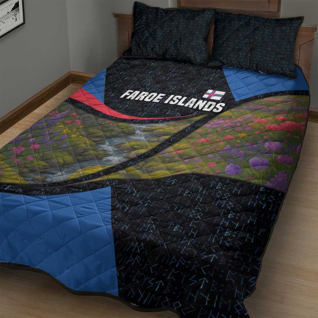 Faroe Islands Quilt Bed Set with Waterfall Nature Scene and Rune Pattern Design - Wonder Print Shop