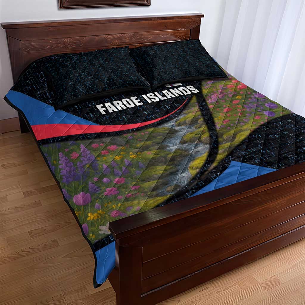 Faroe Islands Quilt Bed Set with Waterfall Nature Scene and Rune Pattern Design - Wonder Print Shop