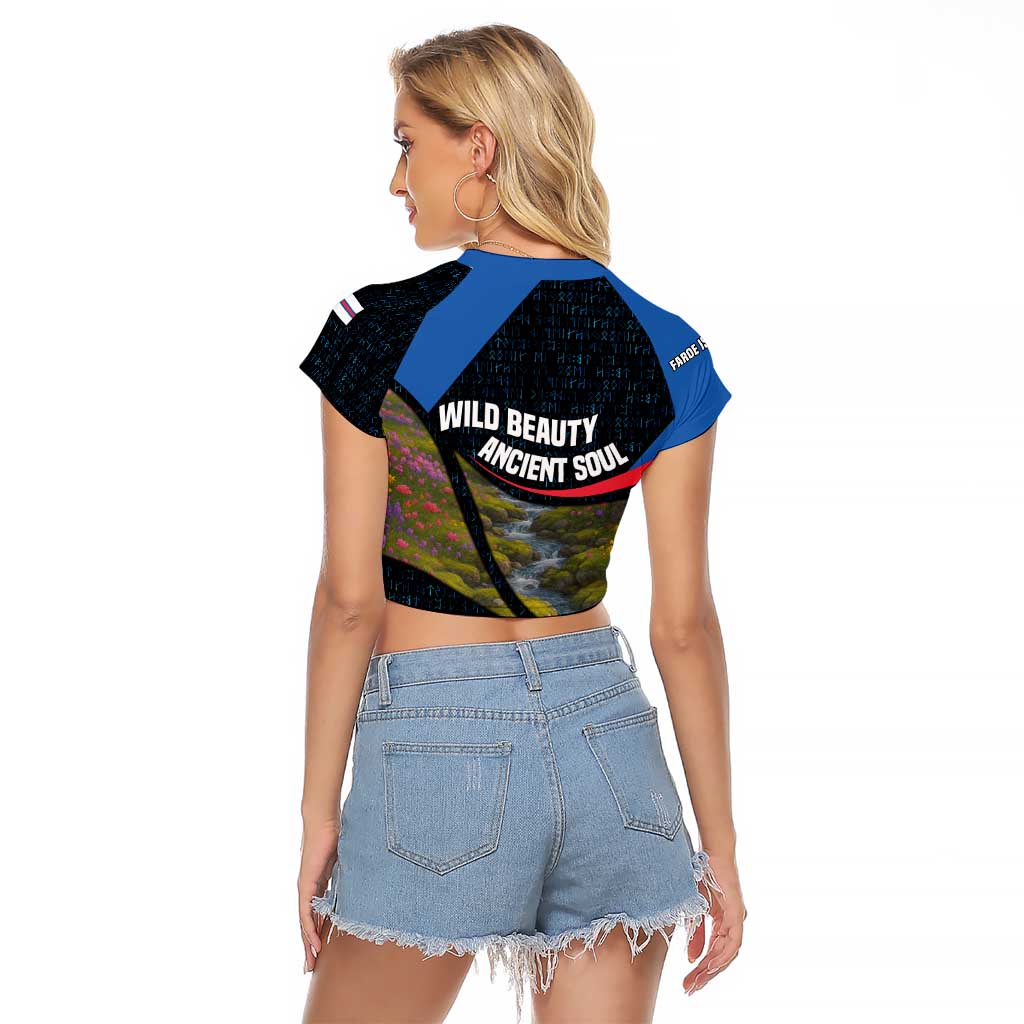 Faroe Islands Raglan Cropped T Shirt with Waterfall Nature Scene and Rune Pattern Design - Wonder Print Shop