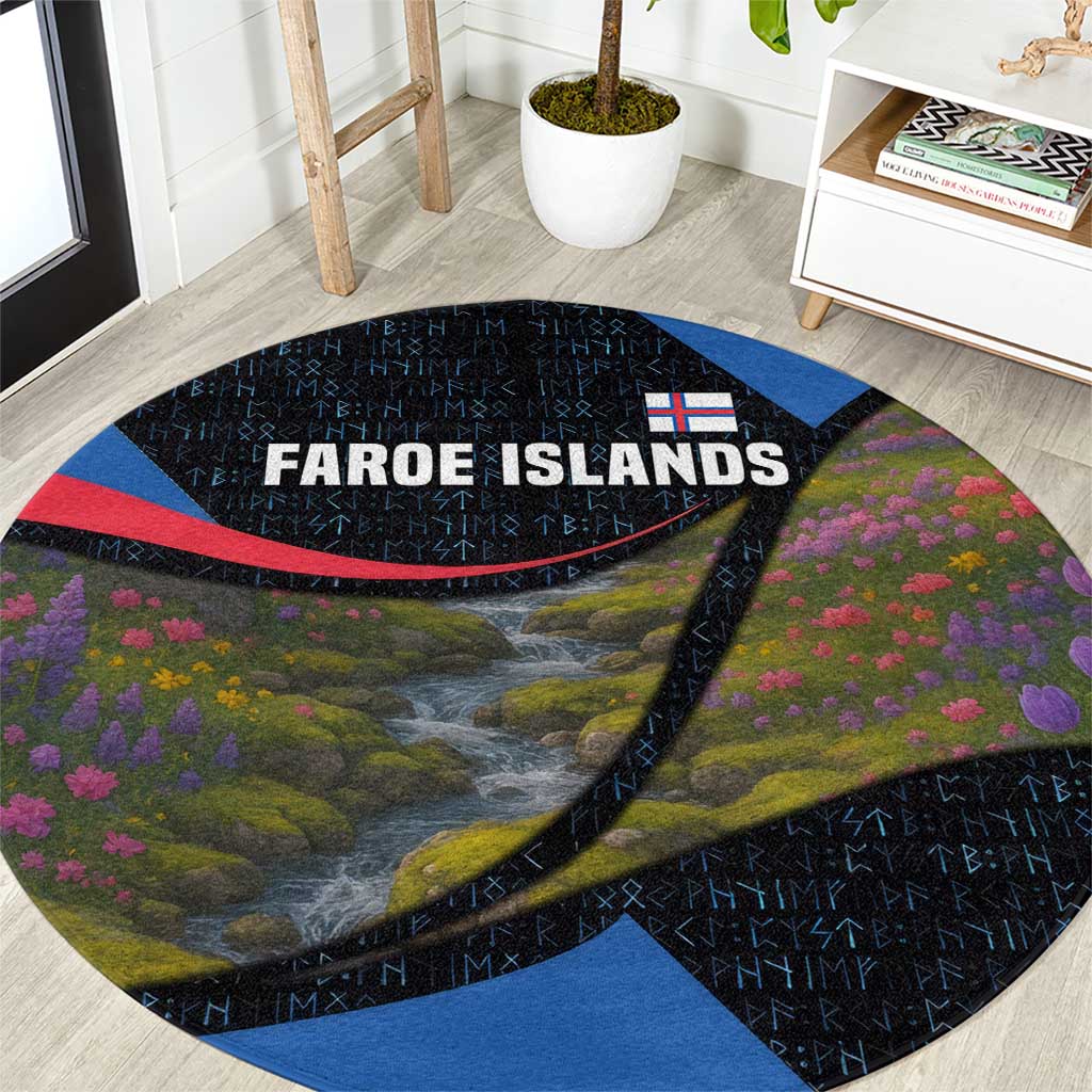 Faroe Islands Round Carpet with Waterfall Nature Scene and Rune Pattern Design - Wonder Print Shop