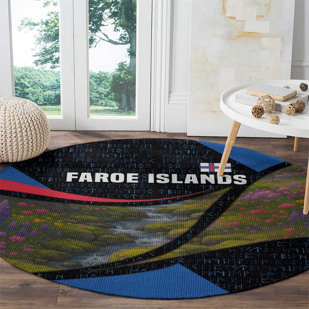 Faroe Islands Round Carpet with Waterfall Nature Scene and Rune Pattern Design - Wonder Print Shop