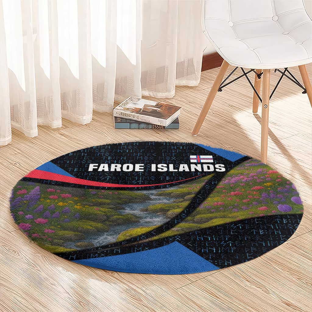 Faroe Islands Round Carpet with Waterfall Nature Scene and Rune Pattern Design - Wonder Print Shop