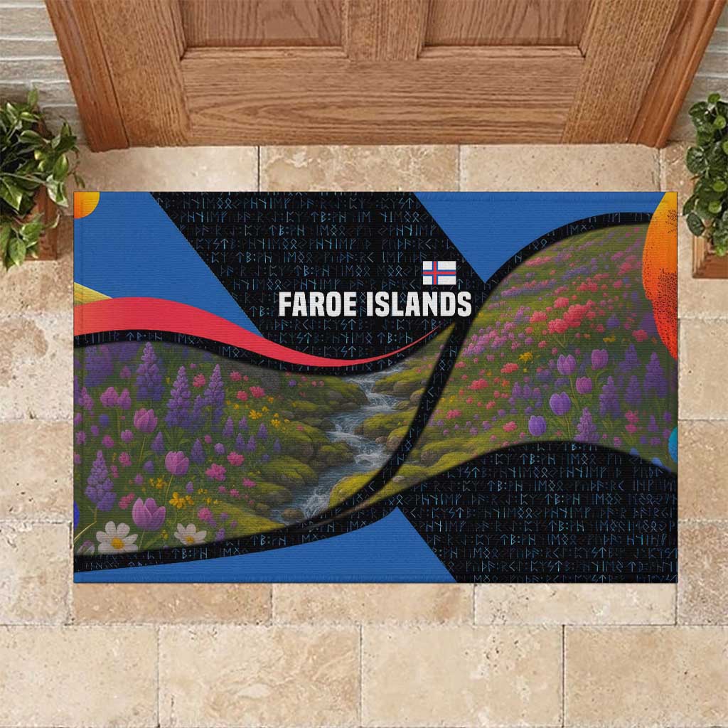 Faroe Islands Rubber Doormat with Waterfall Nature Scene and Rune Pattern Design - Wonder Print Shop