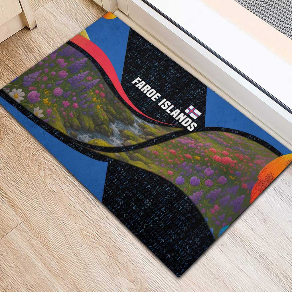Faroe Islands Rubber Doormat with Waterfall Nature Scene and Rune Pattern Design - Wonder Print Shop