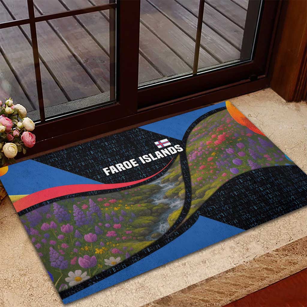 Faroe Islands Rubber Doormat with Waterfall Nature Scene and Rune Pattern Design - Wonder Print Shop