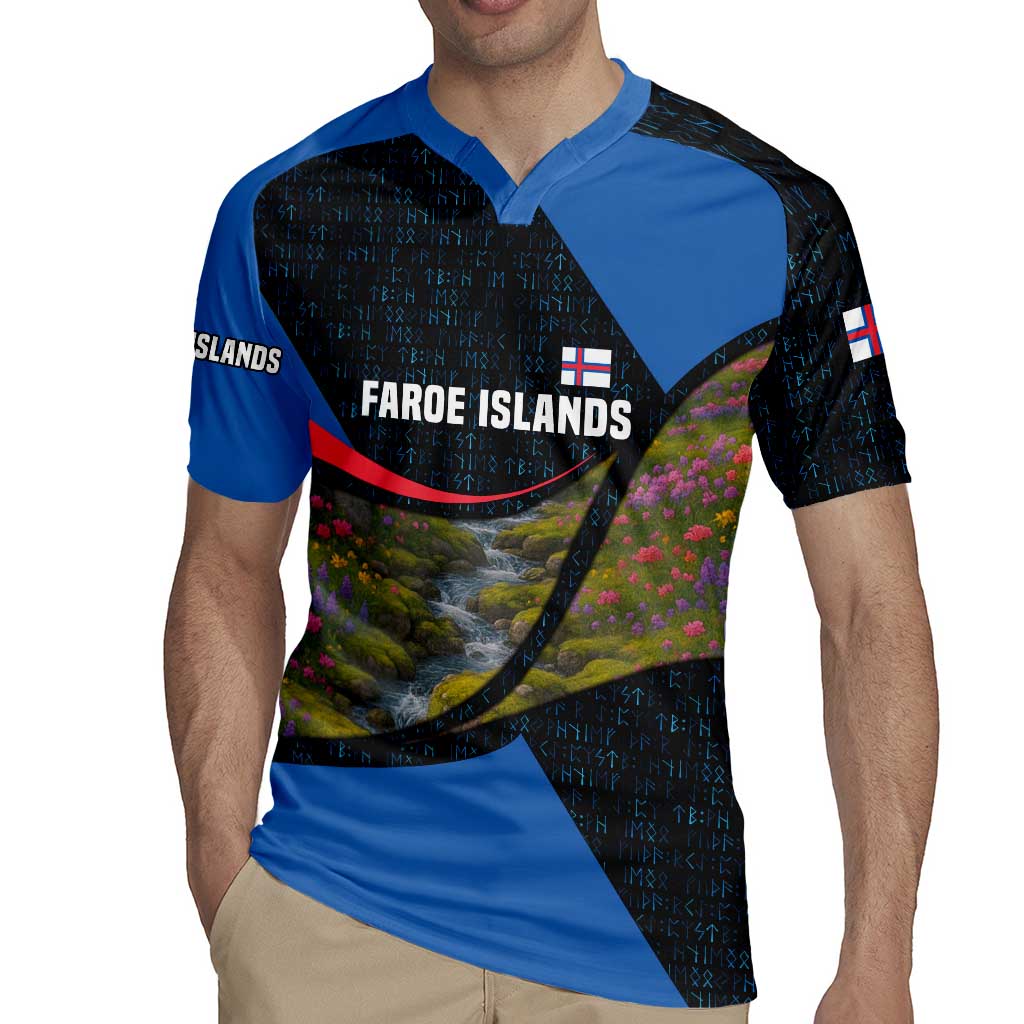 Faroe Islands Rugby Jersey with Waterfall Nature Scene and Rune Pattern Design - Wonder Print Shop