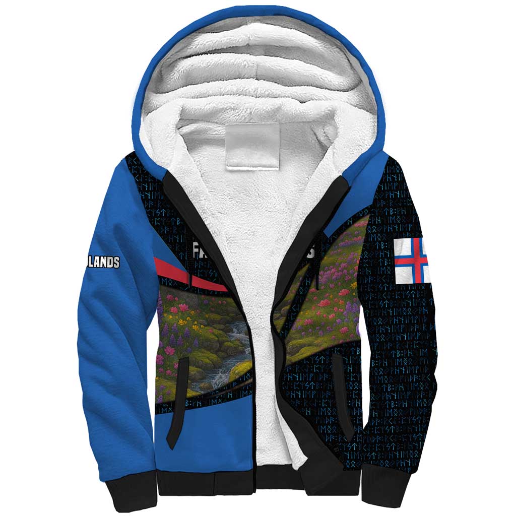 Faroe Islands Sherpa Hoodie with Waterfall Nature Scene and Rune Pattern Design - Wonder Print Shop