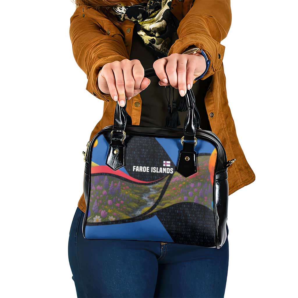 Faroe Islands Shoulder Handbag with Waterfall Nature Scene and Rune Pattern Design - Wonder Print Shop