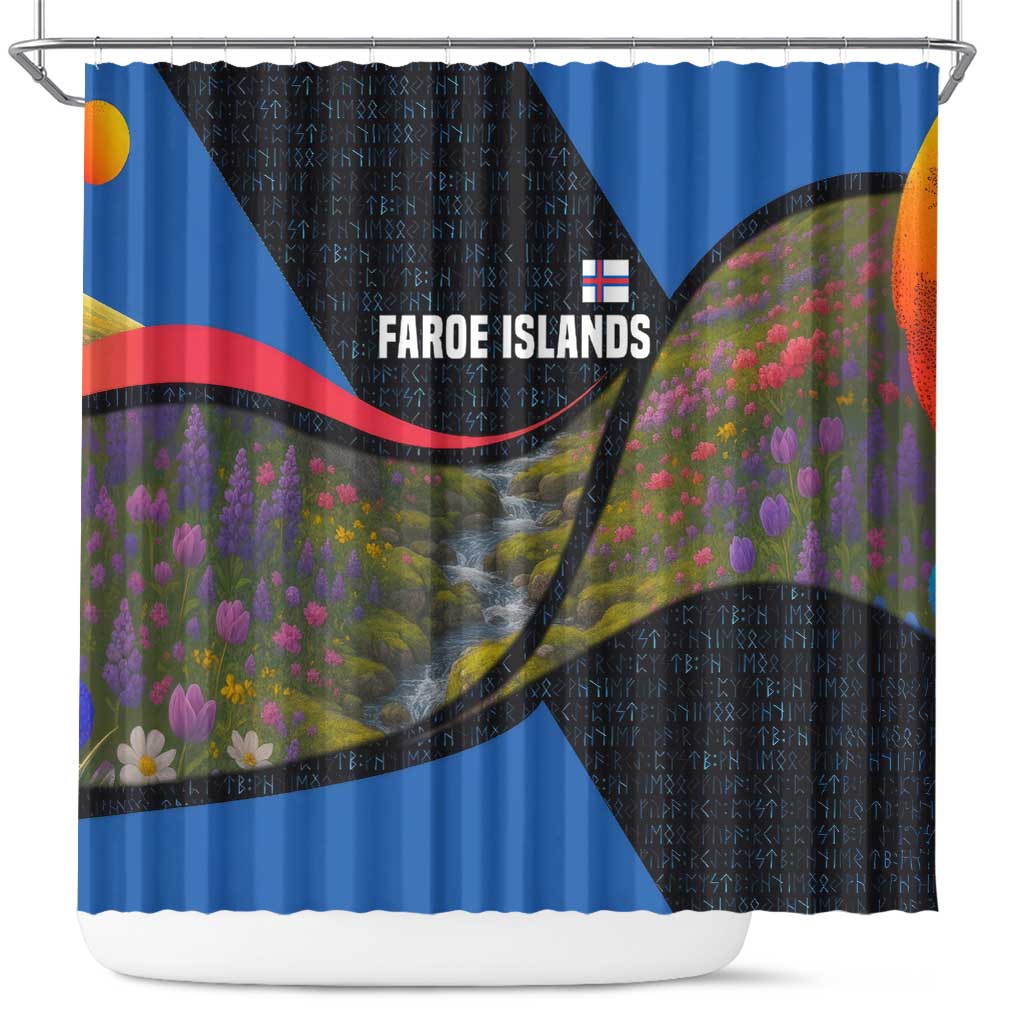Faroe Islands Shower Curtain with Waterfall Nature Scene and Rune Pattern Design - Wonder Print Shop