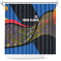 Faroe Islands Shower Curtain with Waterfall Nature Scene and Rune Pattern Design - Wonder Print Shop