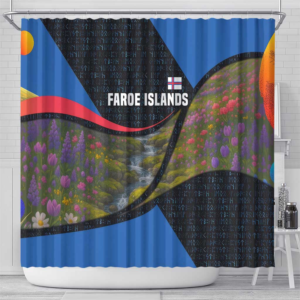 Faroe Islands Shower Curtain with Waterfall Nature Scene and Rune Pattern Design - Wonder Print Shop