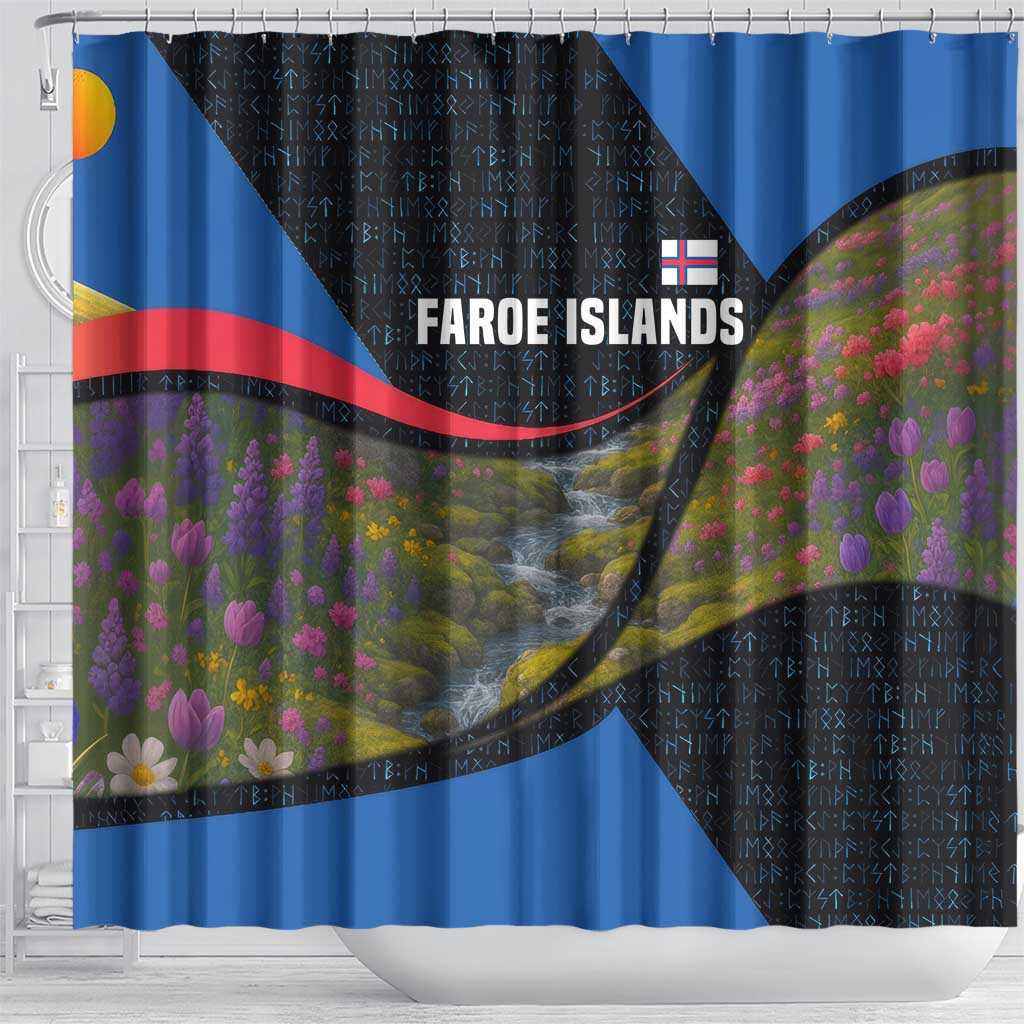 Faroe Islands Shower Curtain with Waterfall Nature Scene and Rune Pattern Design - Wonder Print Shop