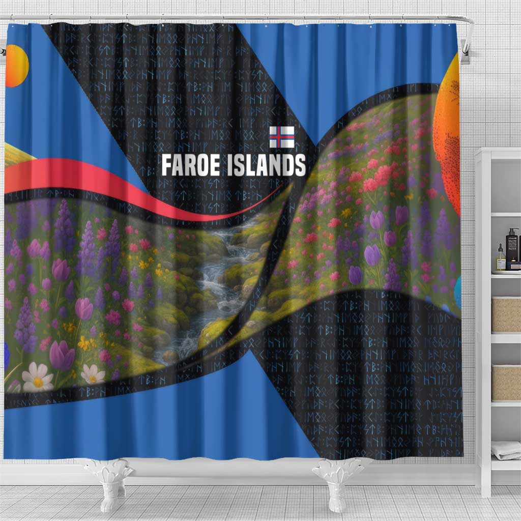 Faroe Islands Shower Curtain with Waterfall Nature Scene and Rune Pattern Design - Wonder Print Shop