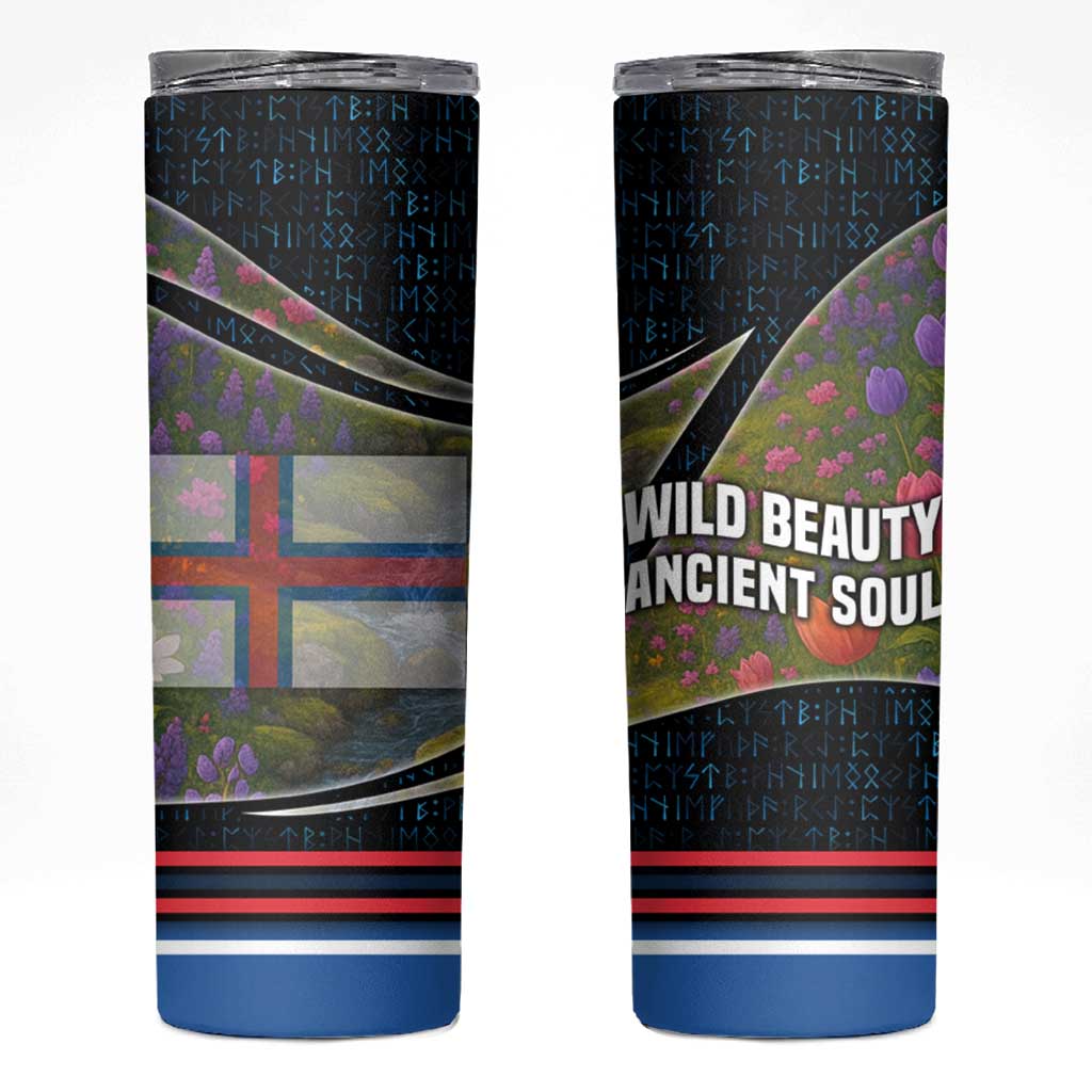 Faroe Islands Skinny Tumbler with Waterfall Nature Scene and Rune Pattern Design - Wonder Print Shop