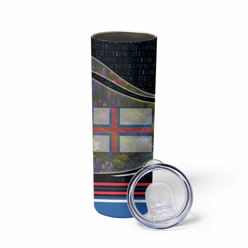 Faroe Islands Skinny Tumbler with Waterfall Nature Scene and Rune Pattern Design - Wonder Print Shop