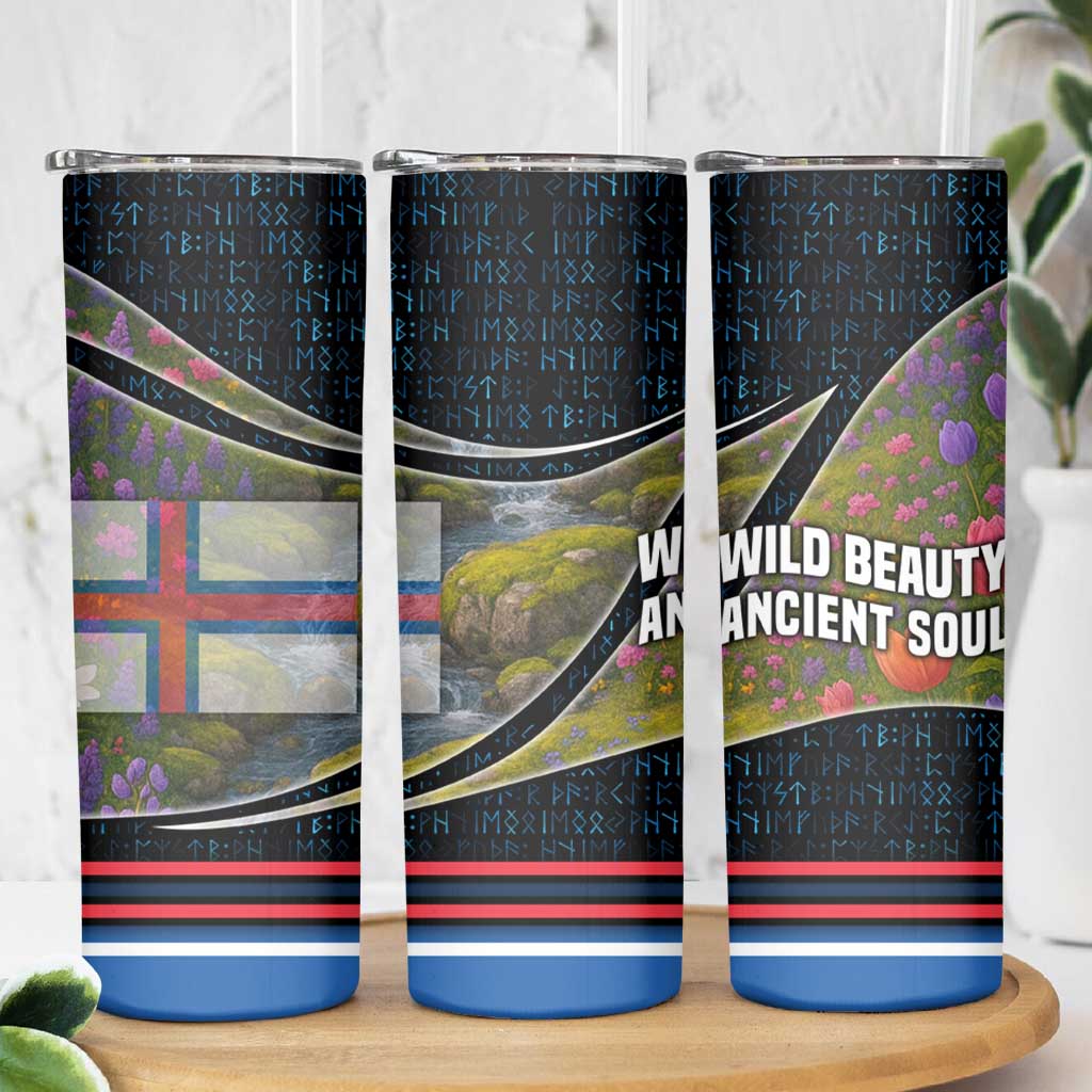 Faroe Islands Skinny Tumbler with Waterfall Nature Scene and Rune Pattern Design - Wonder Print Shop