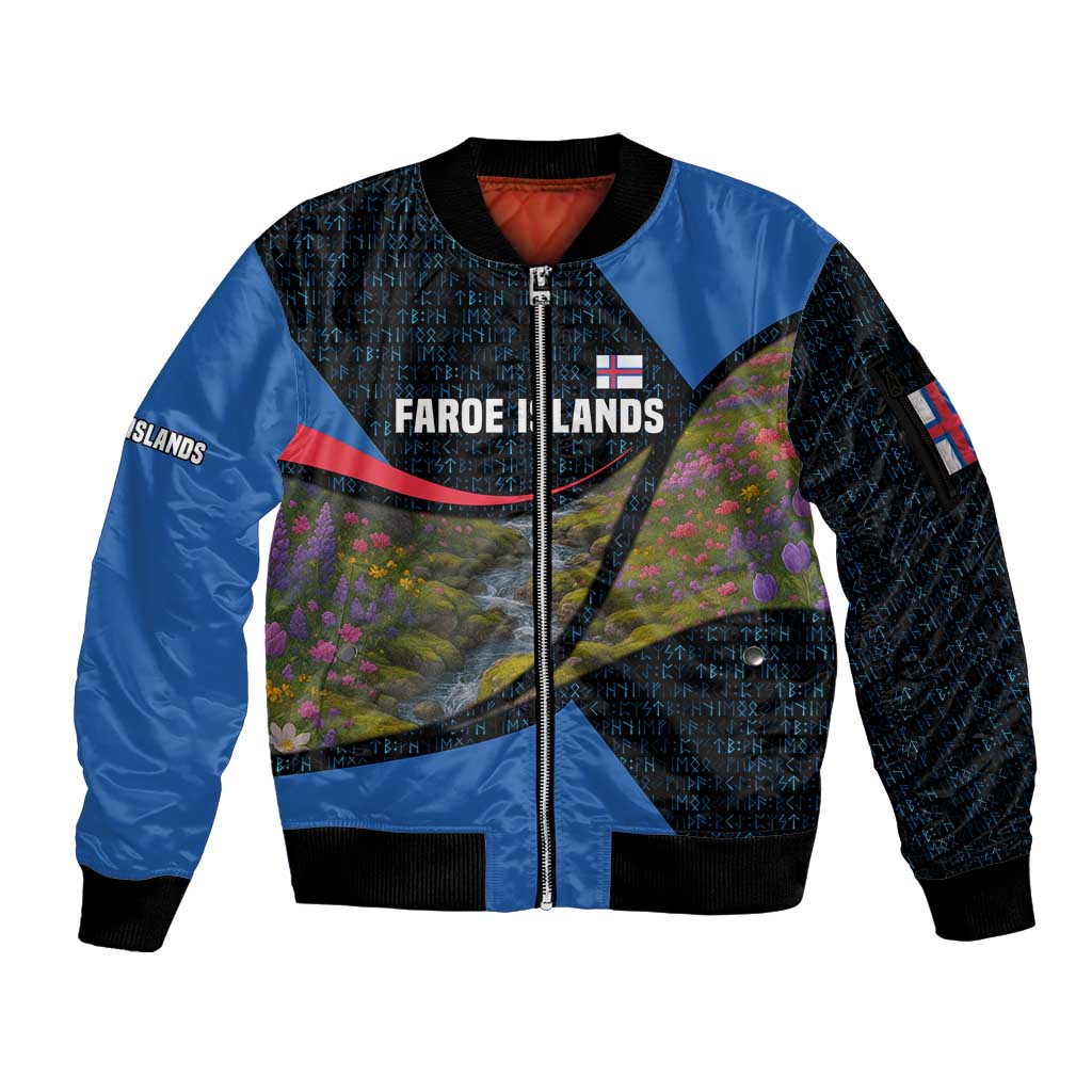 Faroe Islands Sleeve Zip Bomber Jacket with Waterfall Nature Scene and Rune Pattern Design - Wonder Print Shop