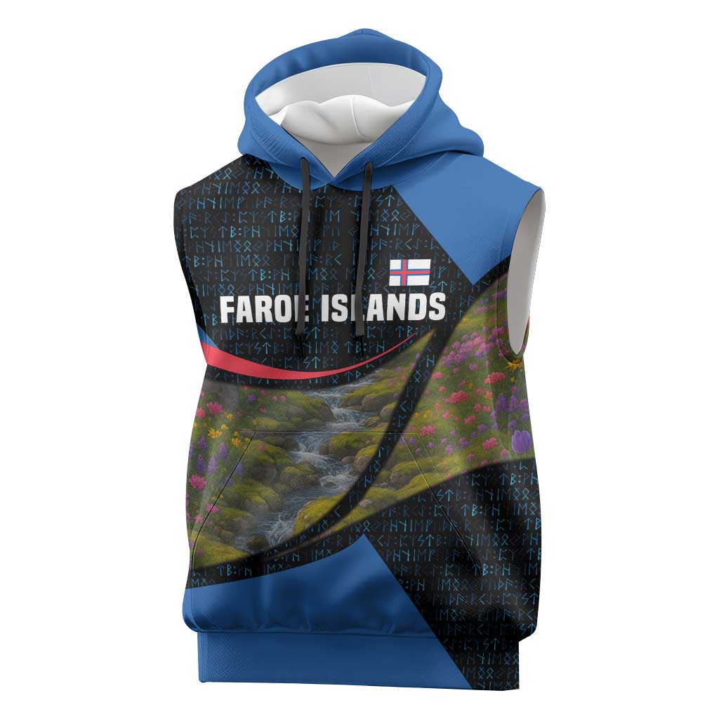 Faroe Islands Sleeveless Hoodie with Waterfall Nature Scene and Rune Pattern Design - Wonder Print Shop