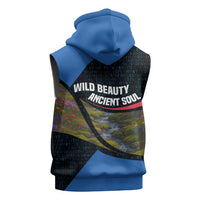 Faroe Islands Sleeveless Hoodie with Waterfall Nature Scene and Rune Pattern Design - Wonder Print Shop