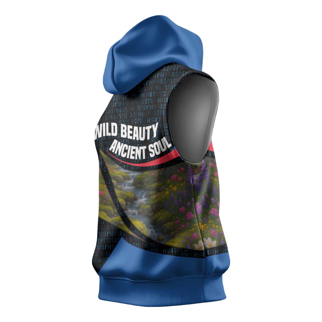 Faroe Islands Sleeveless Hoodie with Waterfall Nature Scene and Rune Pattern Design - Wonder Print Shop