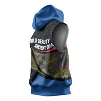 Faroe Islands Sleeveless Hoodie with Waterfall Nature Scene and Rune Pattern Design - Wonder Print Shop