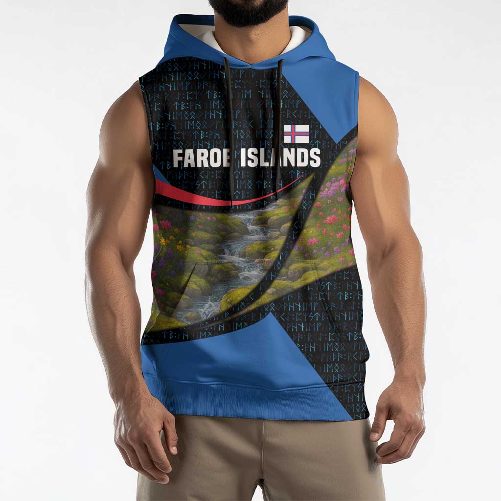 Faroe Islands Sleeveless Hoodie with Waterfall Nature Scene and Rune Pattern Design - Wonder Print Shop