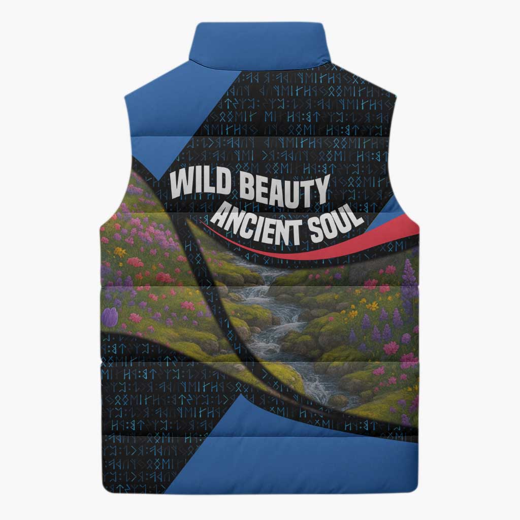 Faroe Islands Sleeveless Puffer Jacket with Waterfall Nature Scene and Rune Pattern Design - Wonder Print Shop