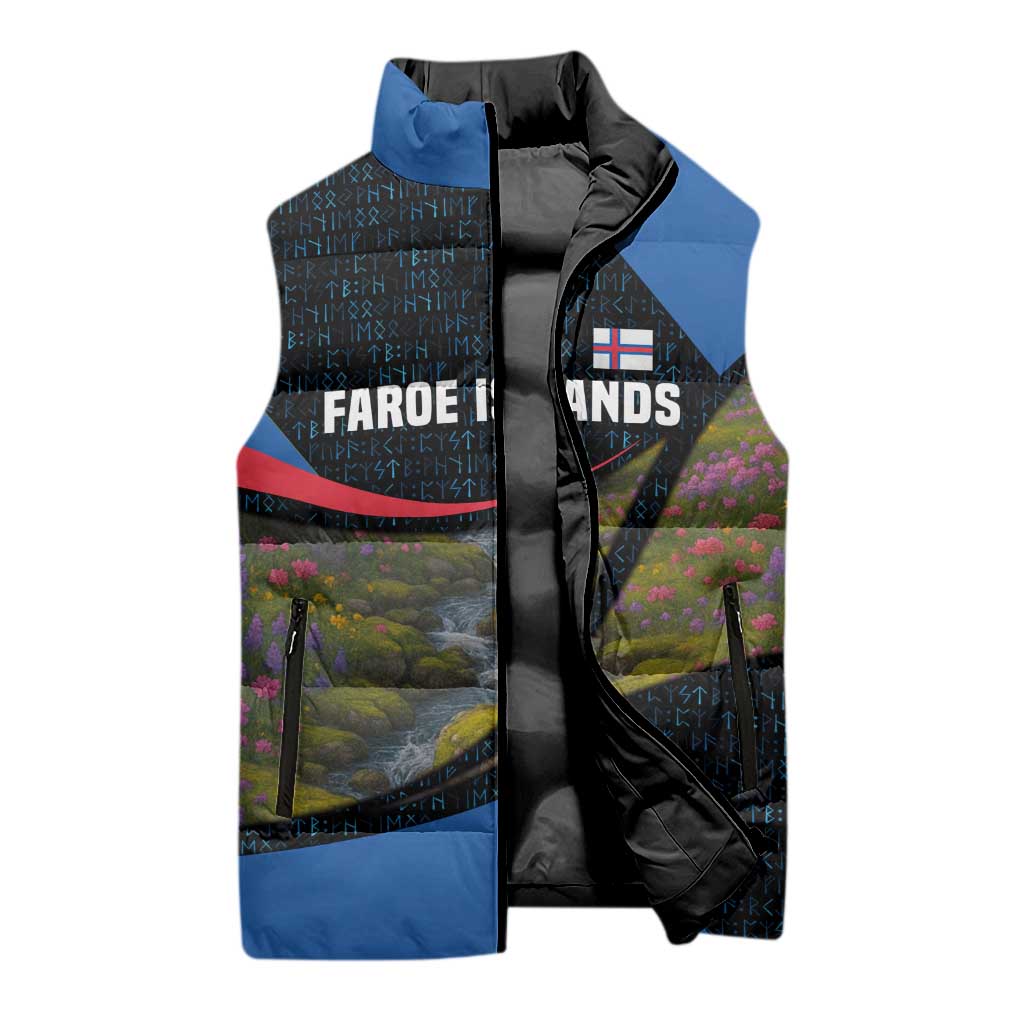 Faroe Islands Sleeveless Puffer Jacket with Waterfall Nature Scene and Rune Pattern Design - Wonder Print Shop