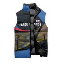 Faroe Islands Sleeveless Puffer Jacket with Waterfall Nature Scene and Rune Pattern Design - Wonder Print Shop