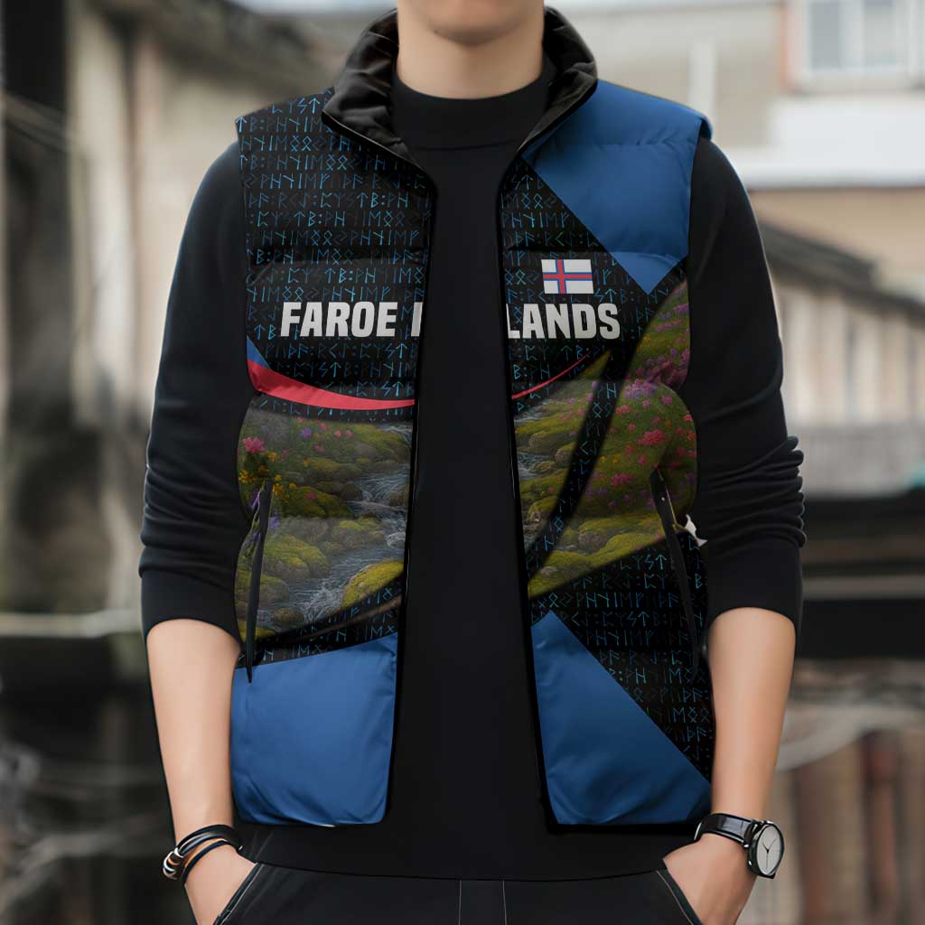 Faroe Islands Sleeveless Puffer Jacket with Waterfall Nature Scene and Rune Pattern Design - Wonder Print Shop