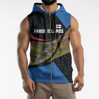 Faroe Islands Sleeveless Zip Hoodie with Waterfall Nature Scene and Rune Pattern Design - Wonder Print Shop