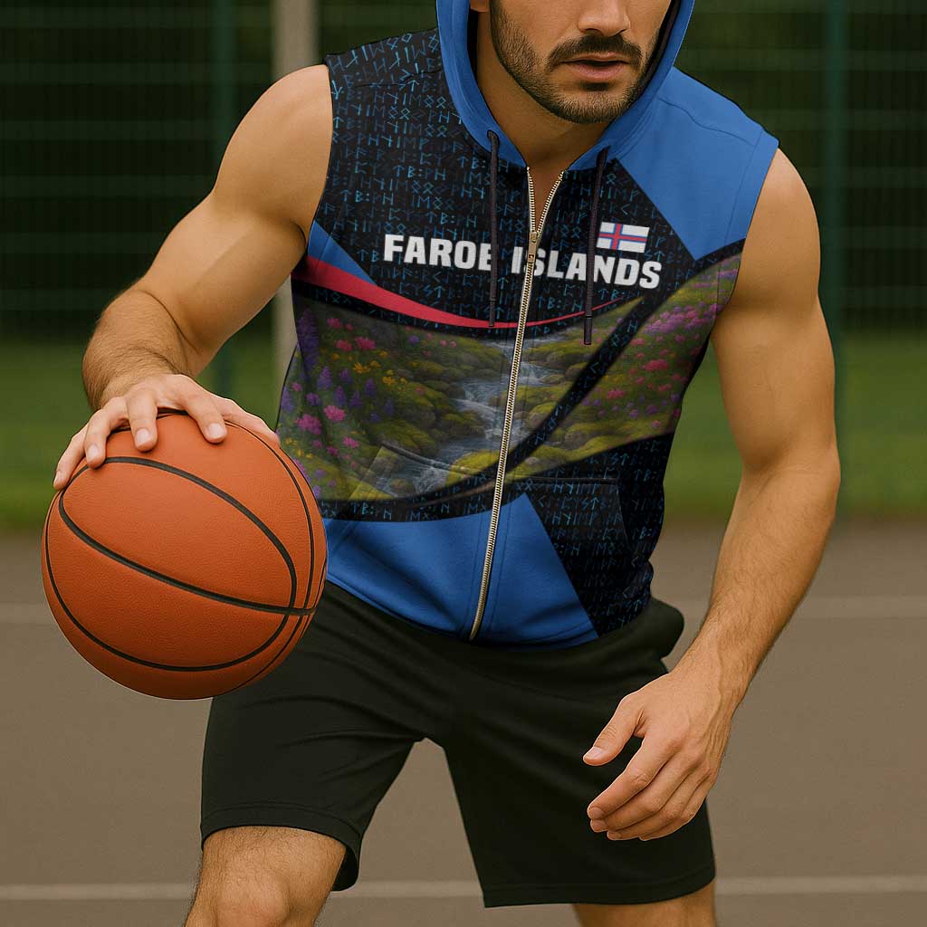 Faroe Islands Sleeveless Zip Hoodie with Waterfall Nature Scene and Rune Pattern Design - Wonder Print Shop