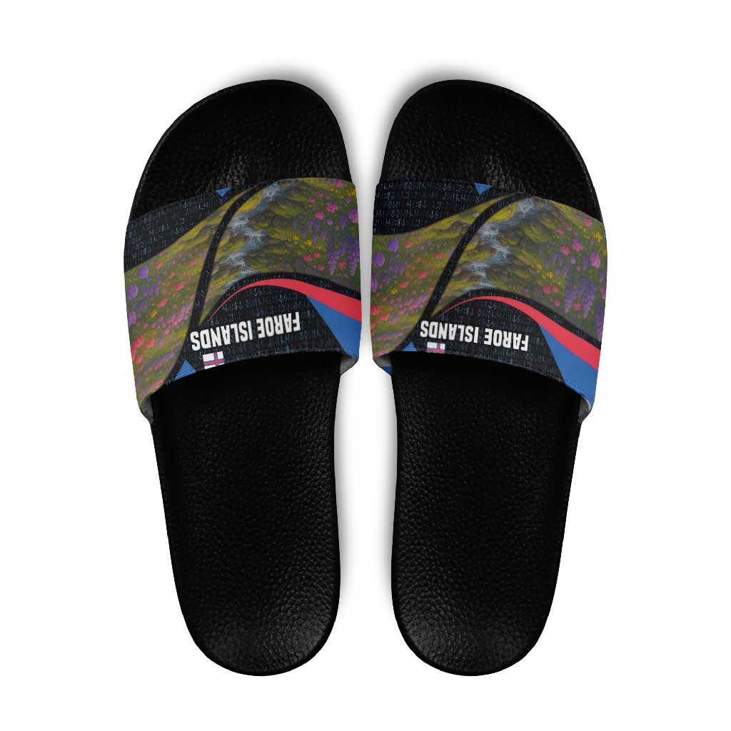 Faroe Islands Slide Sandals with Waterfall Nature Scene and Rune Pattern Design - Wonder Print Shop